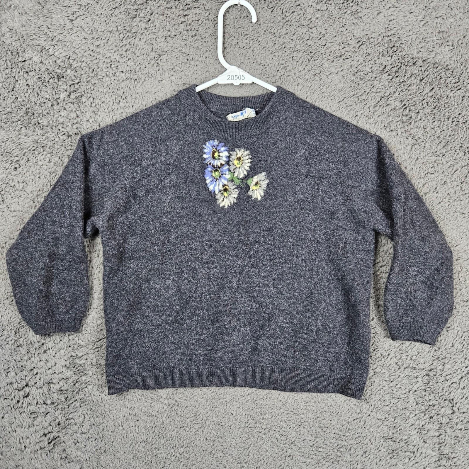 Ballantyne of Peebles Cashmere Sweater Womens 40 Gray Floral Made in Scotland