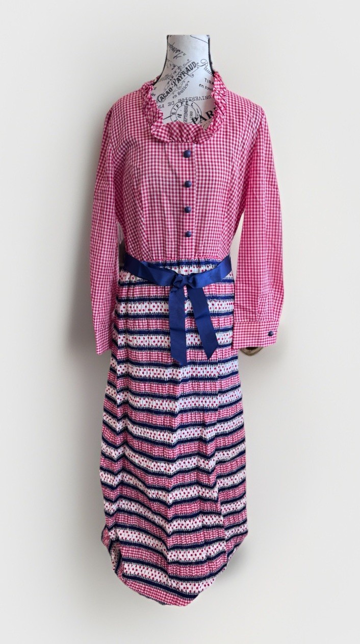 Vintage 70’s Caron Gingham Checkered Ruffle Trim Belt Prairie Boho Cottage Dress