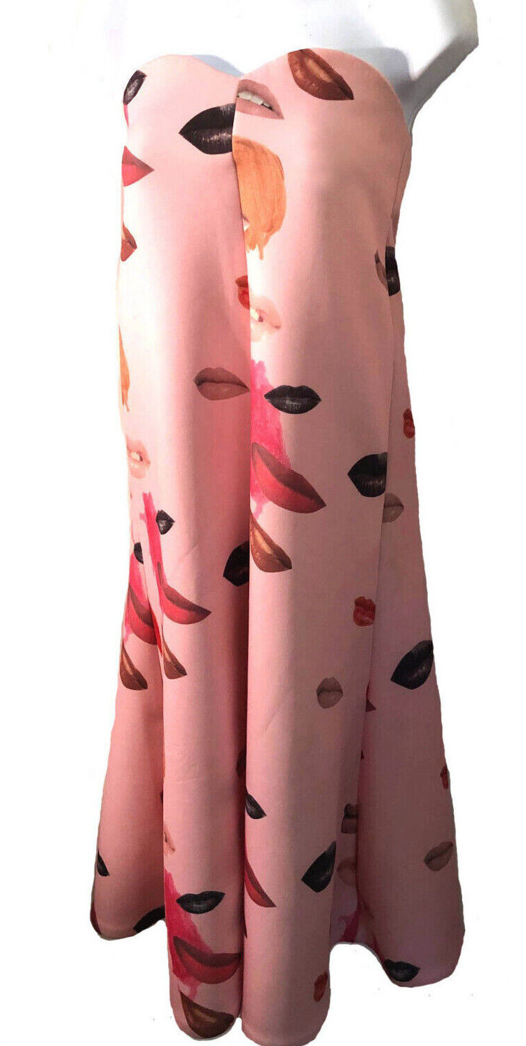 Pink Neoprene Vtg 90s Gossip Lady Crazy Surrealist Lips Print Maxi Diva Dress /M