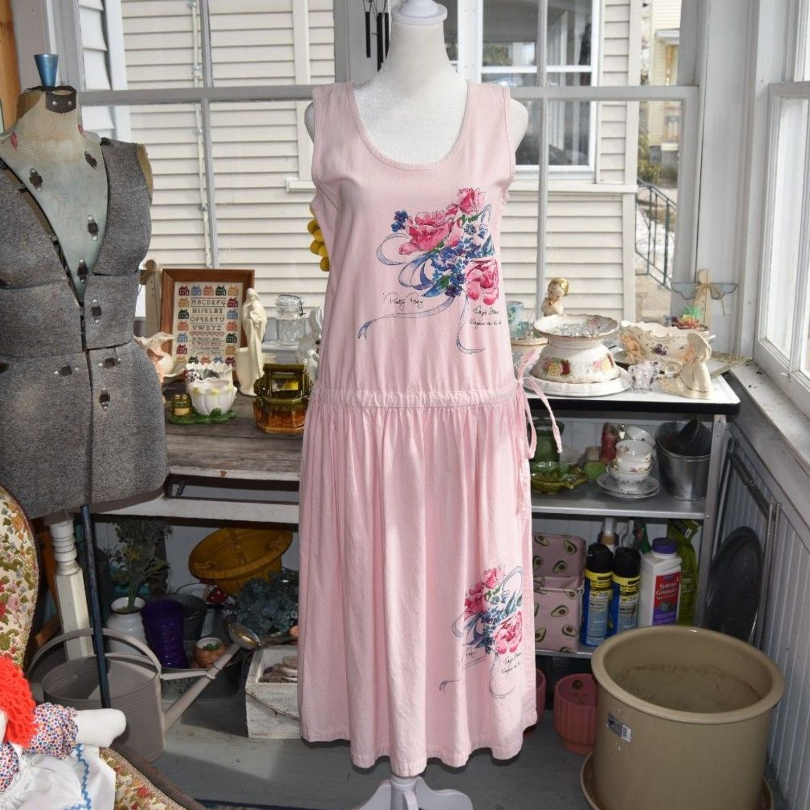 Rare Vintage 80s Paige Strauss Watercolor Floral Dress Pink Drop Waist Small