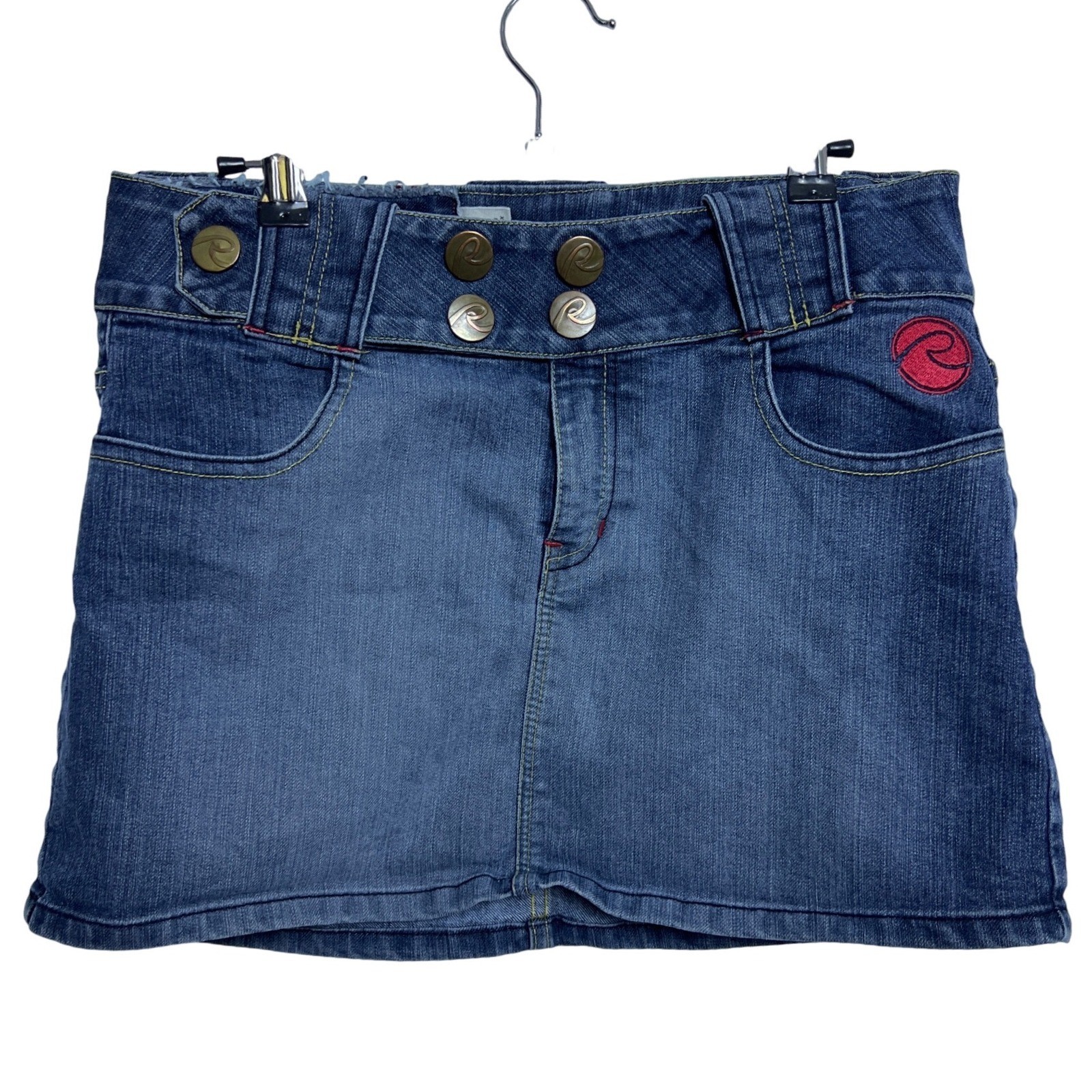 Request Jeans Co Women Denim Mini Skirt Med Wash Y2K Logo L Grunge 2000s Retro