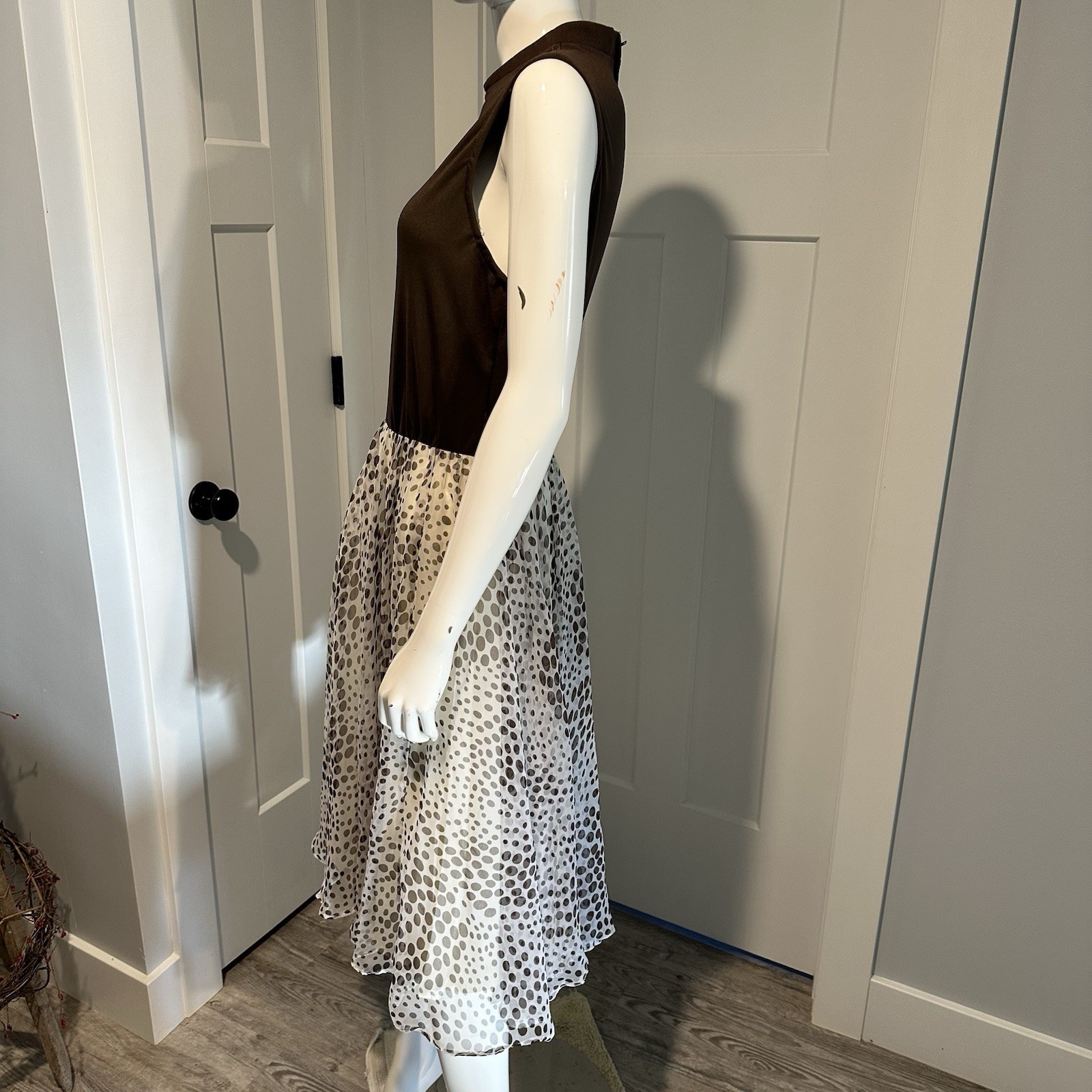 Vintage 60s 70s Jack Bryan Chocolate Brown Polka Dots Chiffon Sleeveless Dress