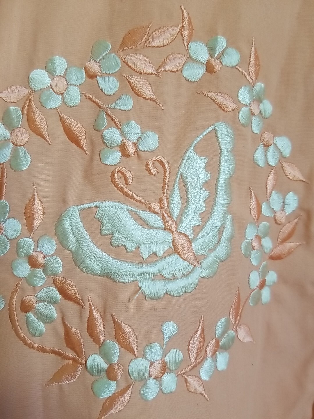 Vintage 1970s Chuchi Dress Med. Peach Embroidered Butterfly Mandarin Collar BOHO