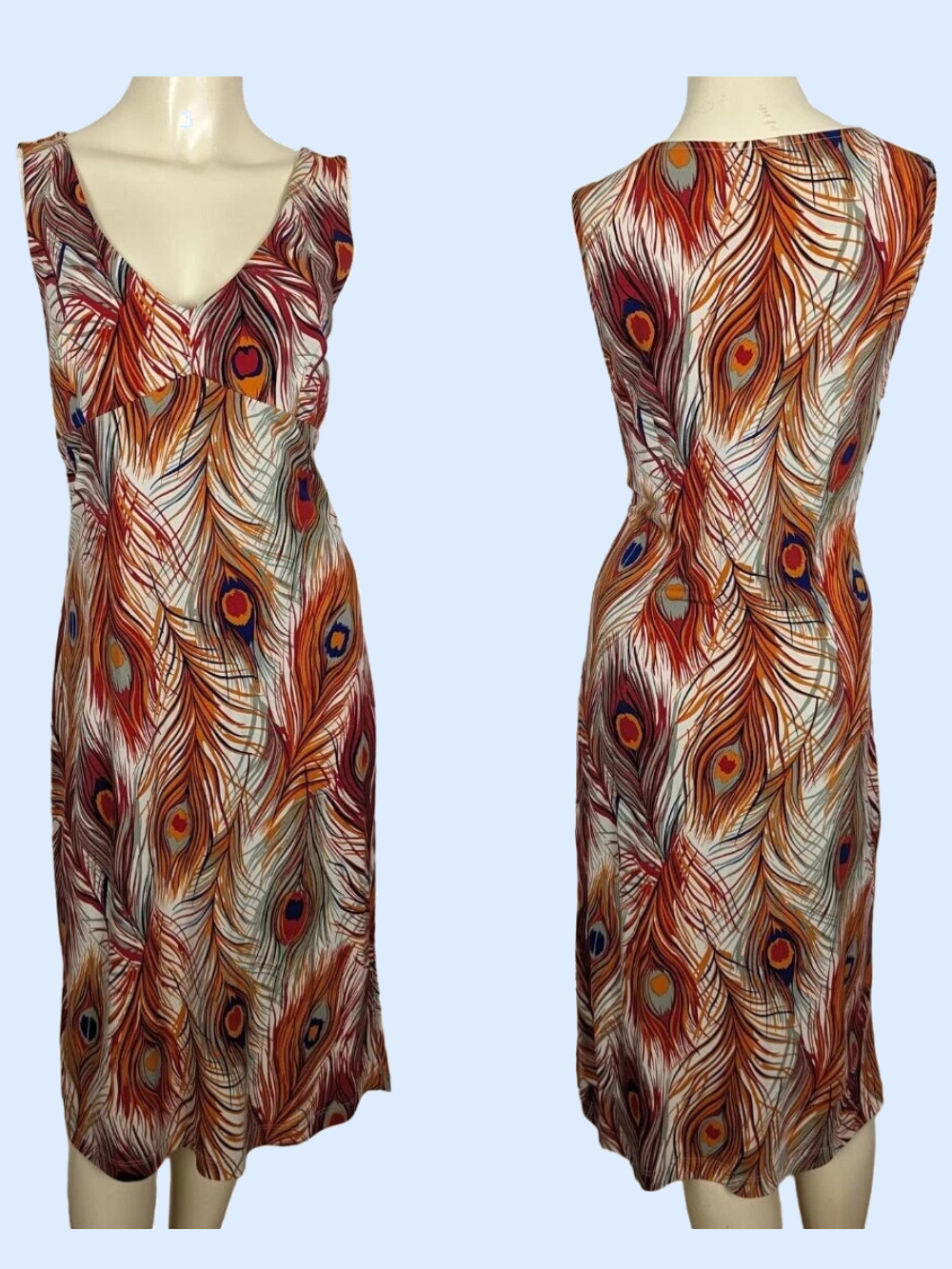 BCBG Dresses Large orange blue Peacock Feather print Vintage Empire Waist Y2K