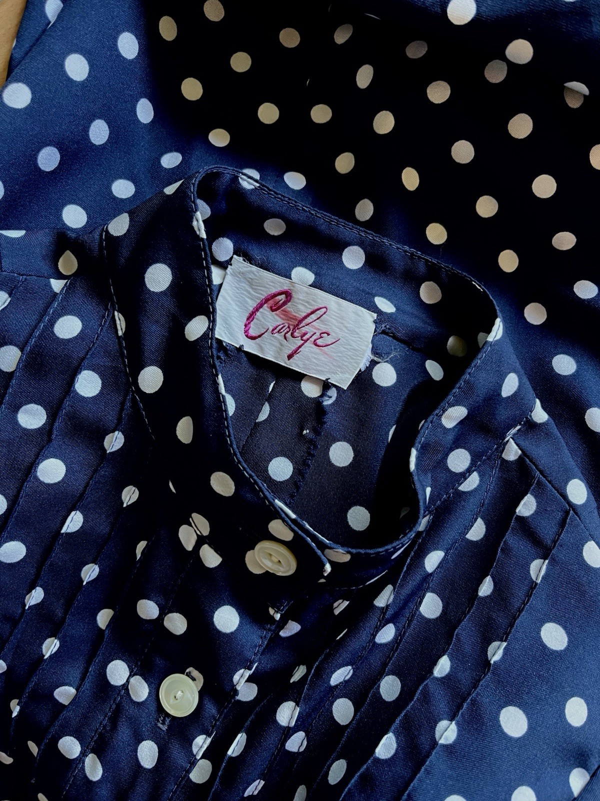 VTG CARLYE White & Blue Polka Dot Mod A Line L/S Midi Dress Sz S/M 1960s