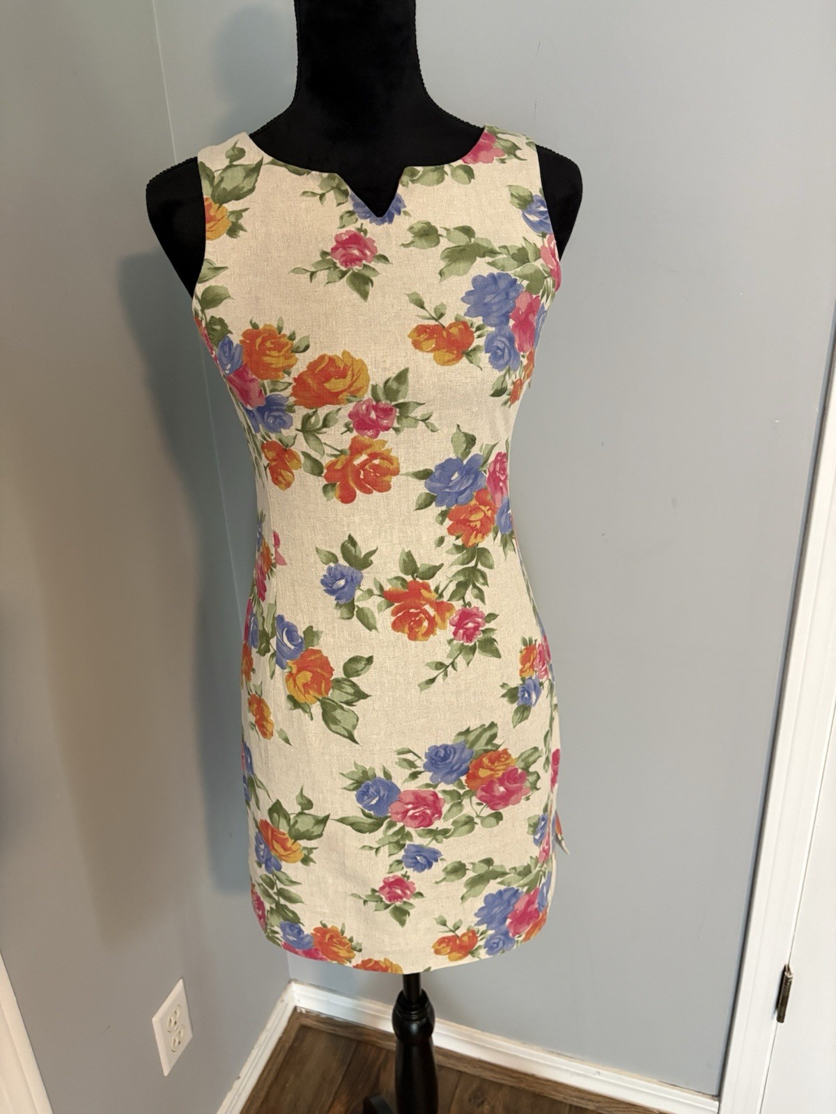 Vintage 90s Raw Silk Mini Sheath Dress Wallpaper Roses Rustic Texture Minimalist