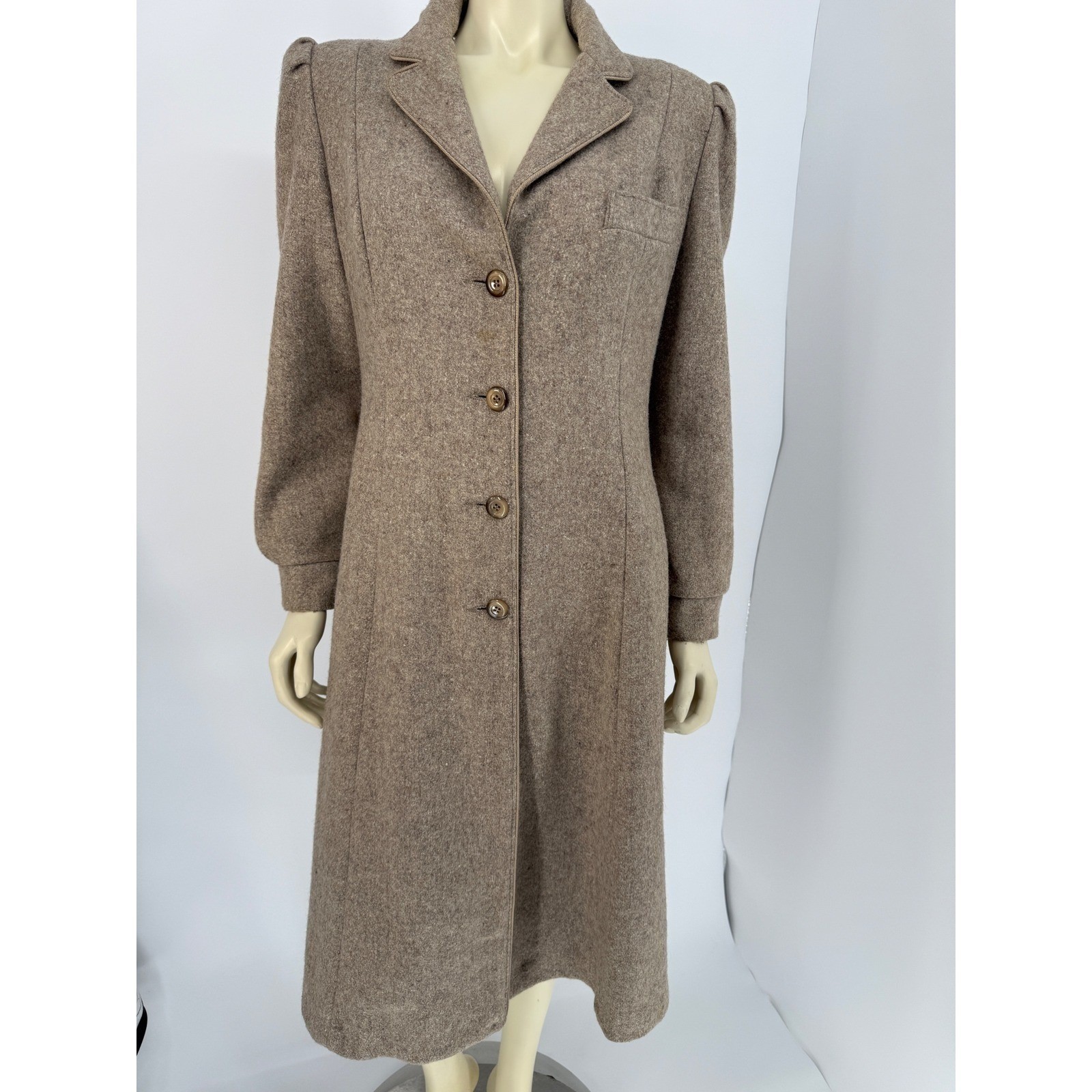 Vintage 1970s ILGWU Wool Princess Coat Taupe Midi Union Made USA Womens M