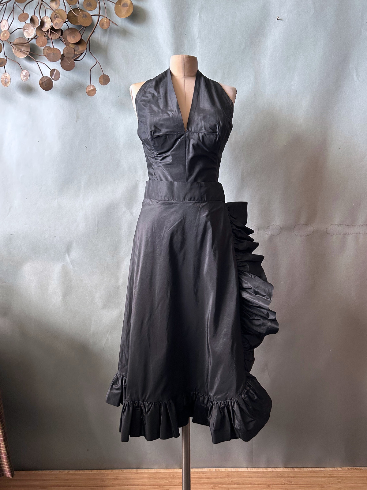 Vtg 1960s Flamenco Style Party Dress Black Halter Busty Cocktail Glam sz S M