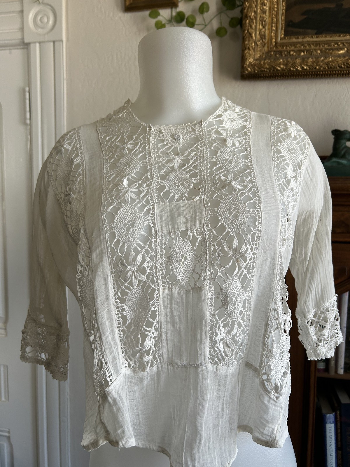 Antique Victorian Edwardian White Lace Gauze Blouse Crochet Insert Cottagecore S