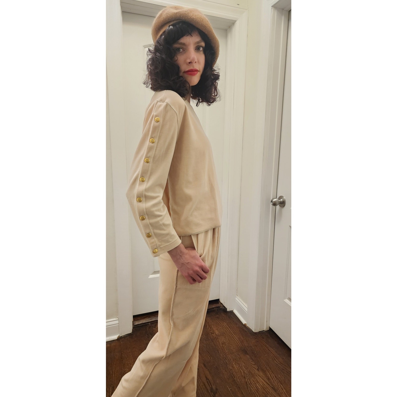 Vintage 90s Sonia Rykiel Velour Track Suit Beige w/Gold Buttons