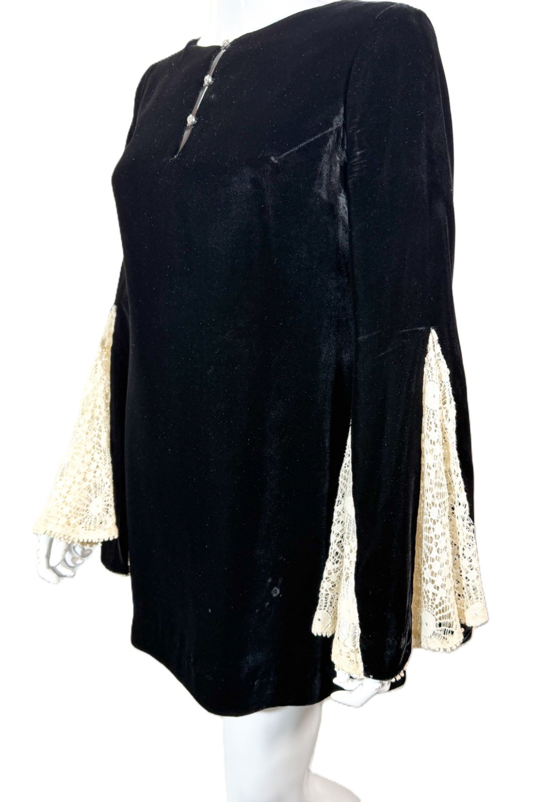Vintage 60s Black Velvet Mini Dress Lace Angel Sleeve S