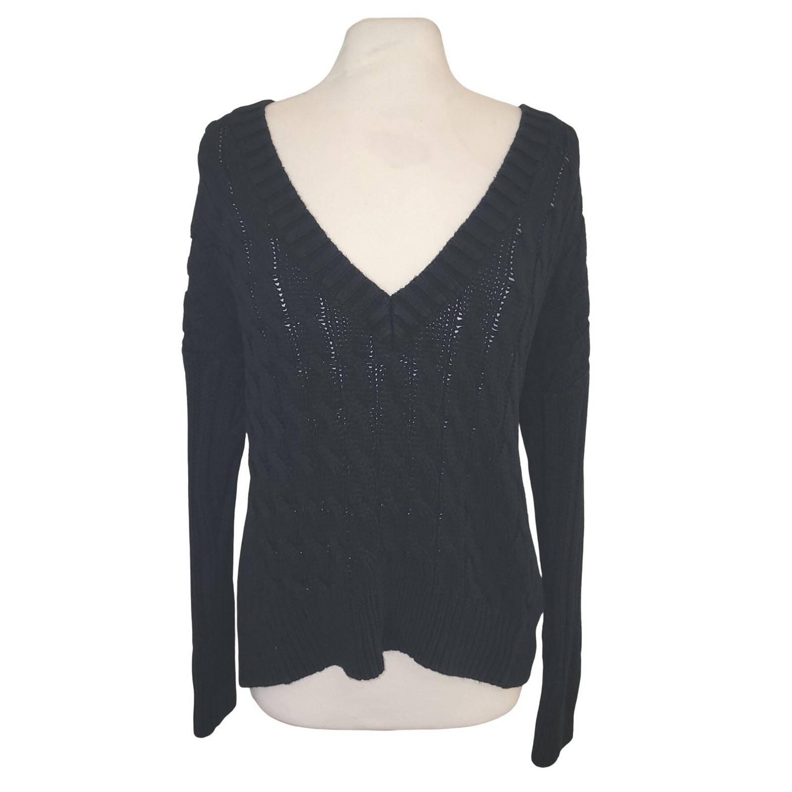 VTG Express Black Chunky Cable Knit Deep V-Neck Off Shoulder 80s Retro Sweater M
