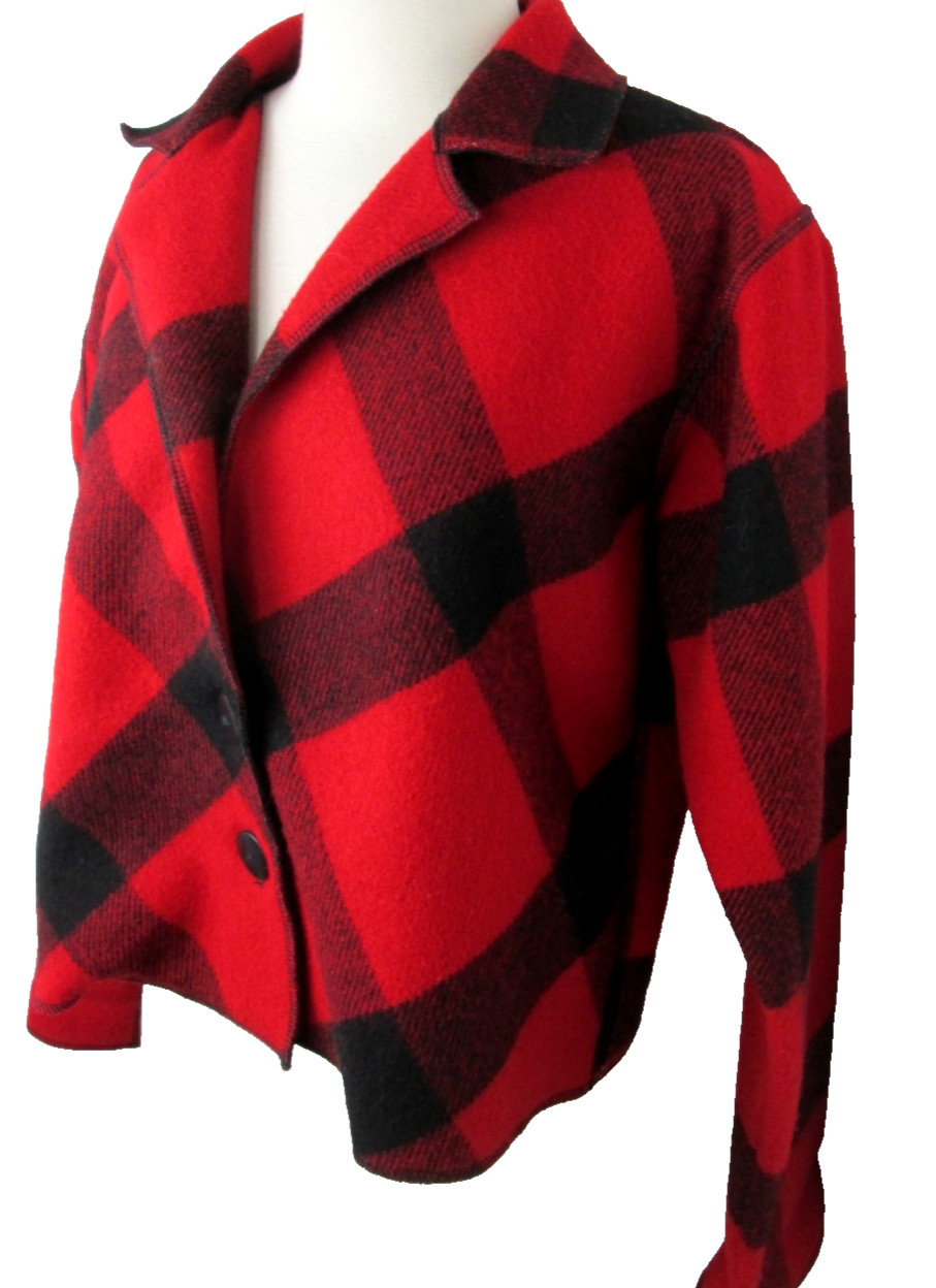 Vintage Cameleon 100% Wool Shrug Crop Jacket Red Buffalo Check -see measurements