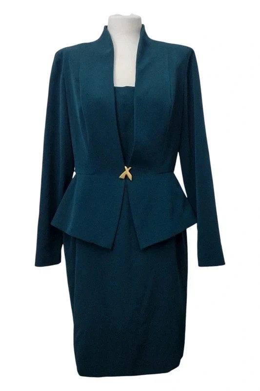 Vintage EVAN-PICONE Emerald Green Peplum Dress Set 80s 90s Mob Wife Old Money L