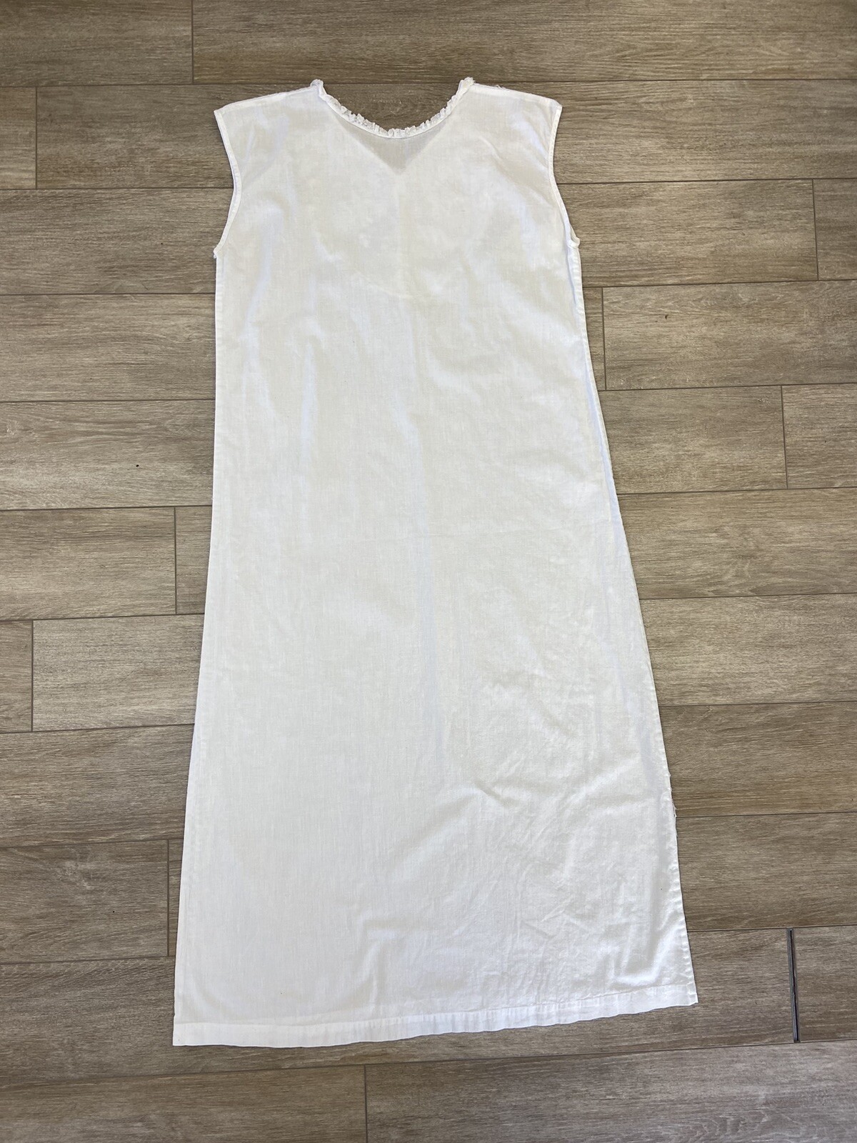 Antique Edwardian White Cotton Slip Dress or Night Gown Embroidery and Lace Trim