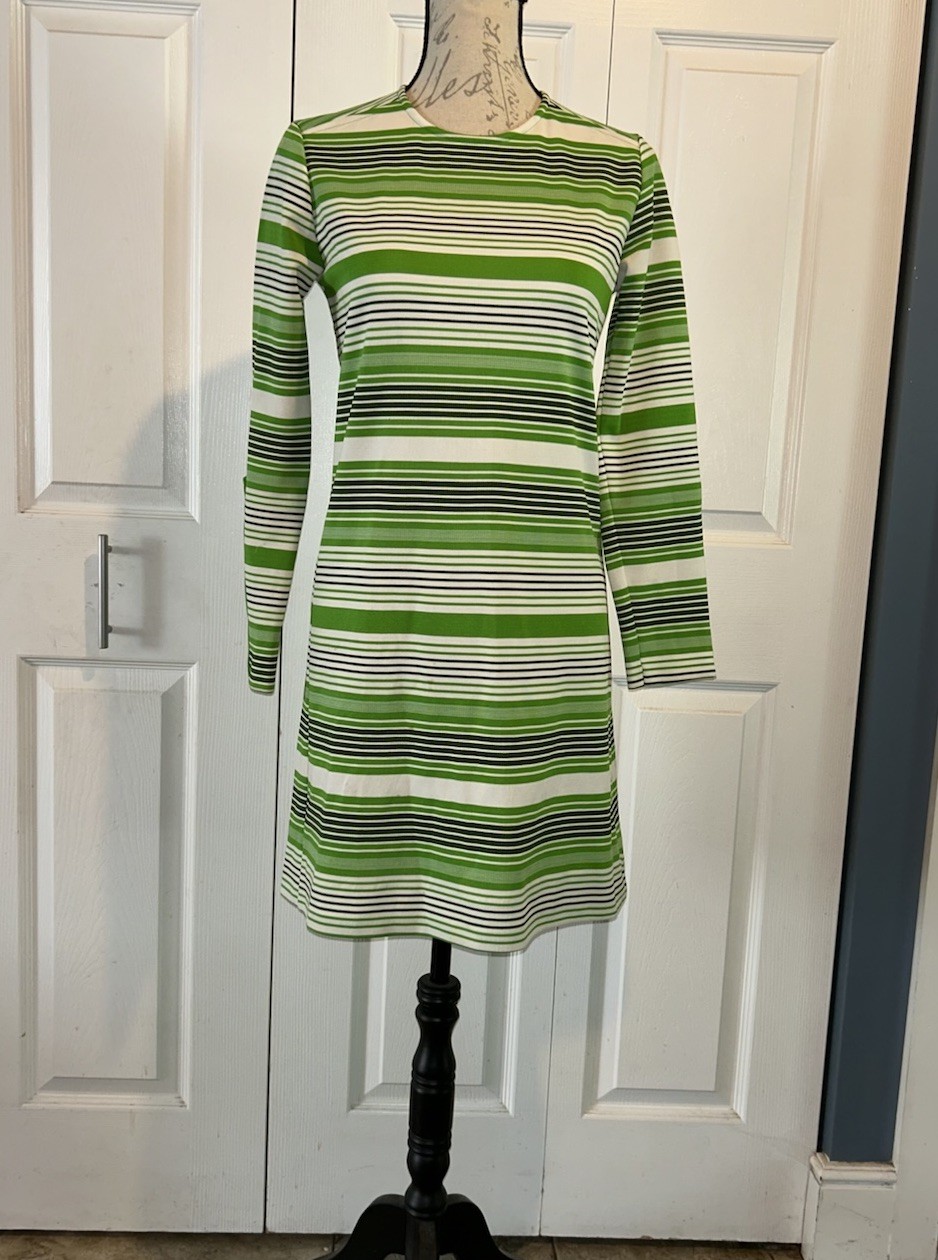 Vintage Mod 60s 70s Long Sleeve Green Stripe Dress Sz 9/10