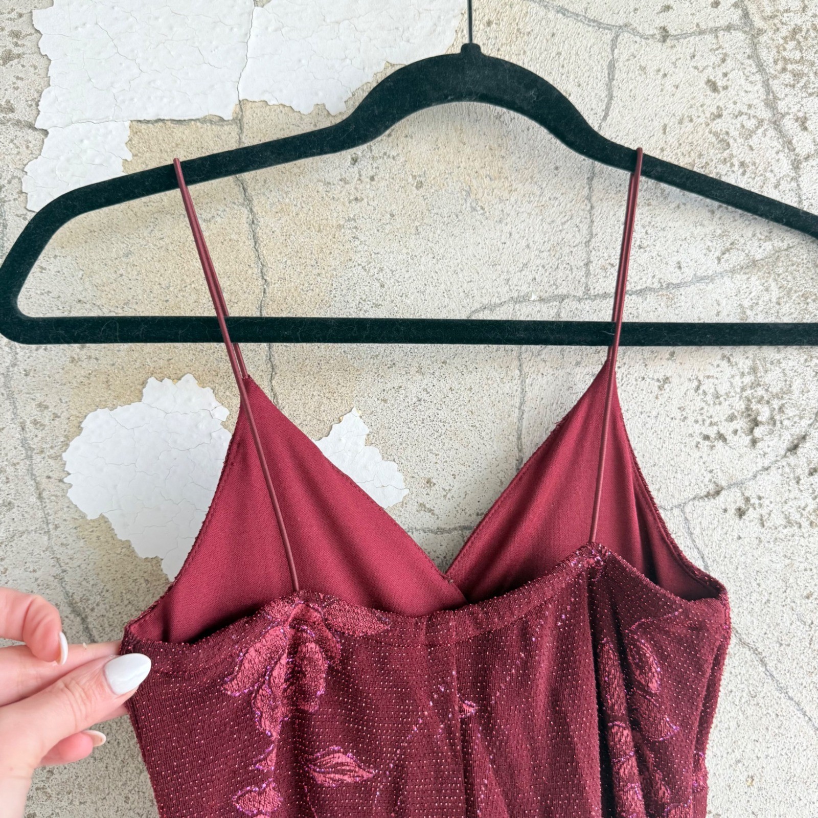 Vtg 90s Midi Dress Floral Asymmetrical Burgundy Glitter My Michelle S USA Made