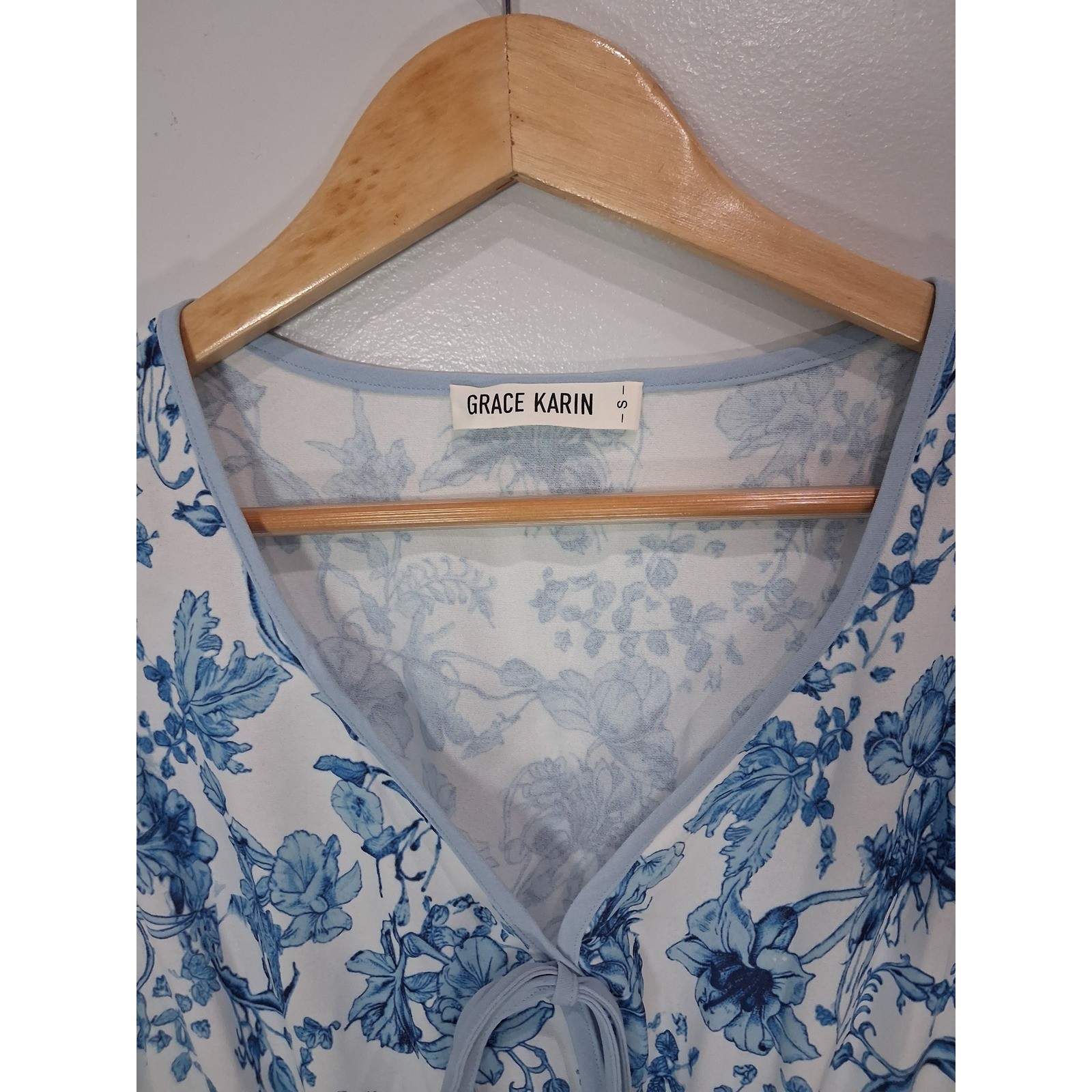 Grace Karin Blue White Floral Toile Smocked Maxi Dress V-Neck Puff Sleeve Small