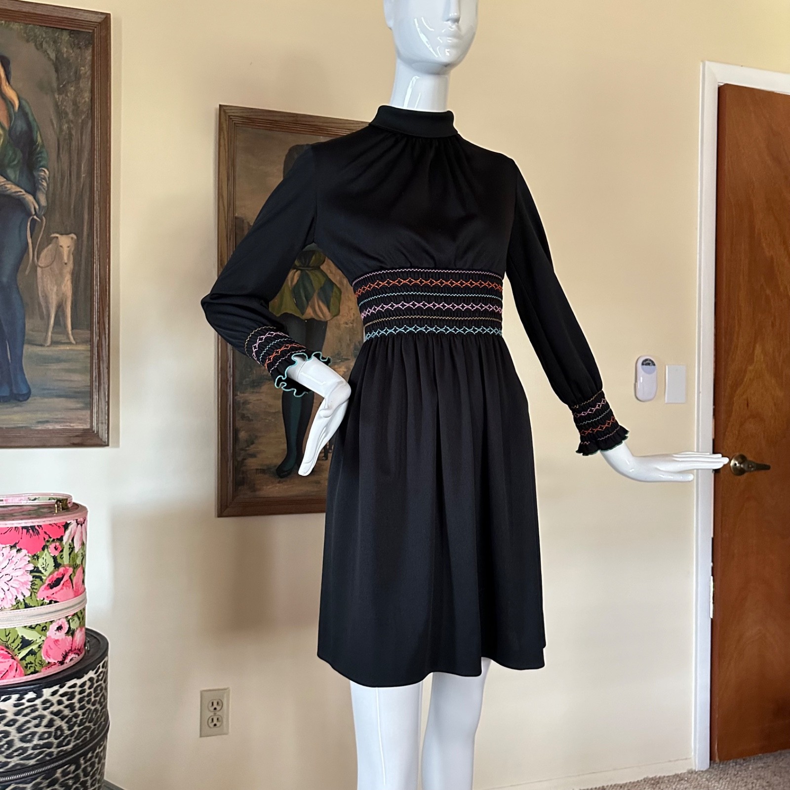 Vintage 1970s Mod Shady Lane Rainbow Smocked Waist Long Sleeve Mini Day Dress S