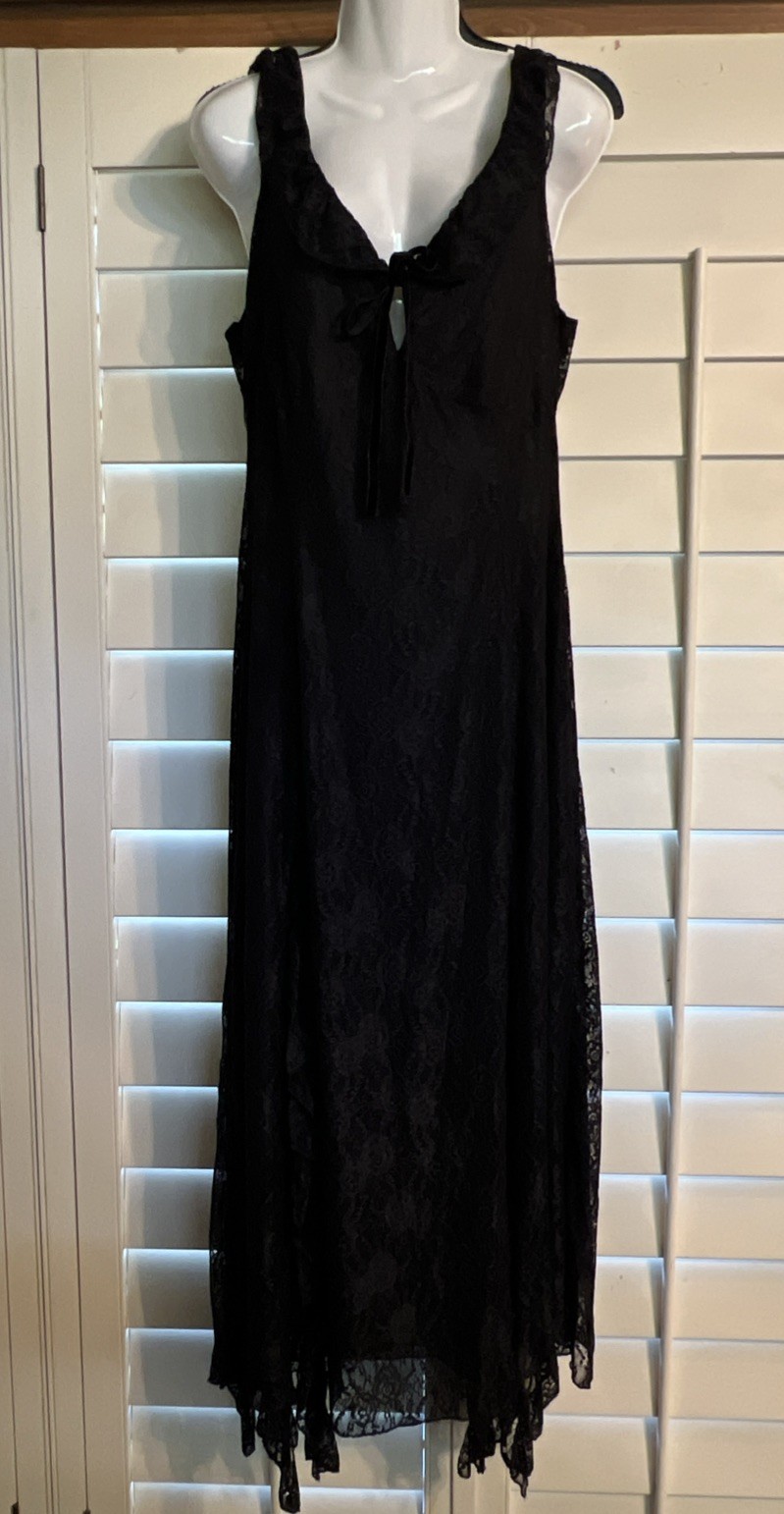 Black Lace Maxi Slip Dress Flowy Goth Sheer Layer Witchy Halloween