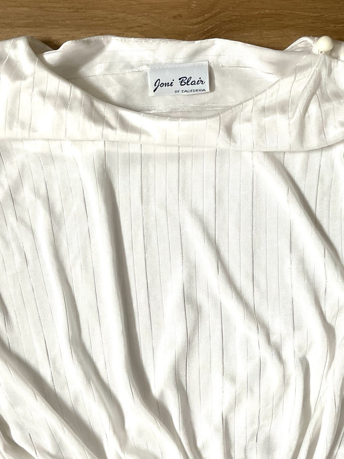 80s VTG Joni Blair Dress White Shimmer Pinstripe Peplum Puff Sleeve Shoulder Pad