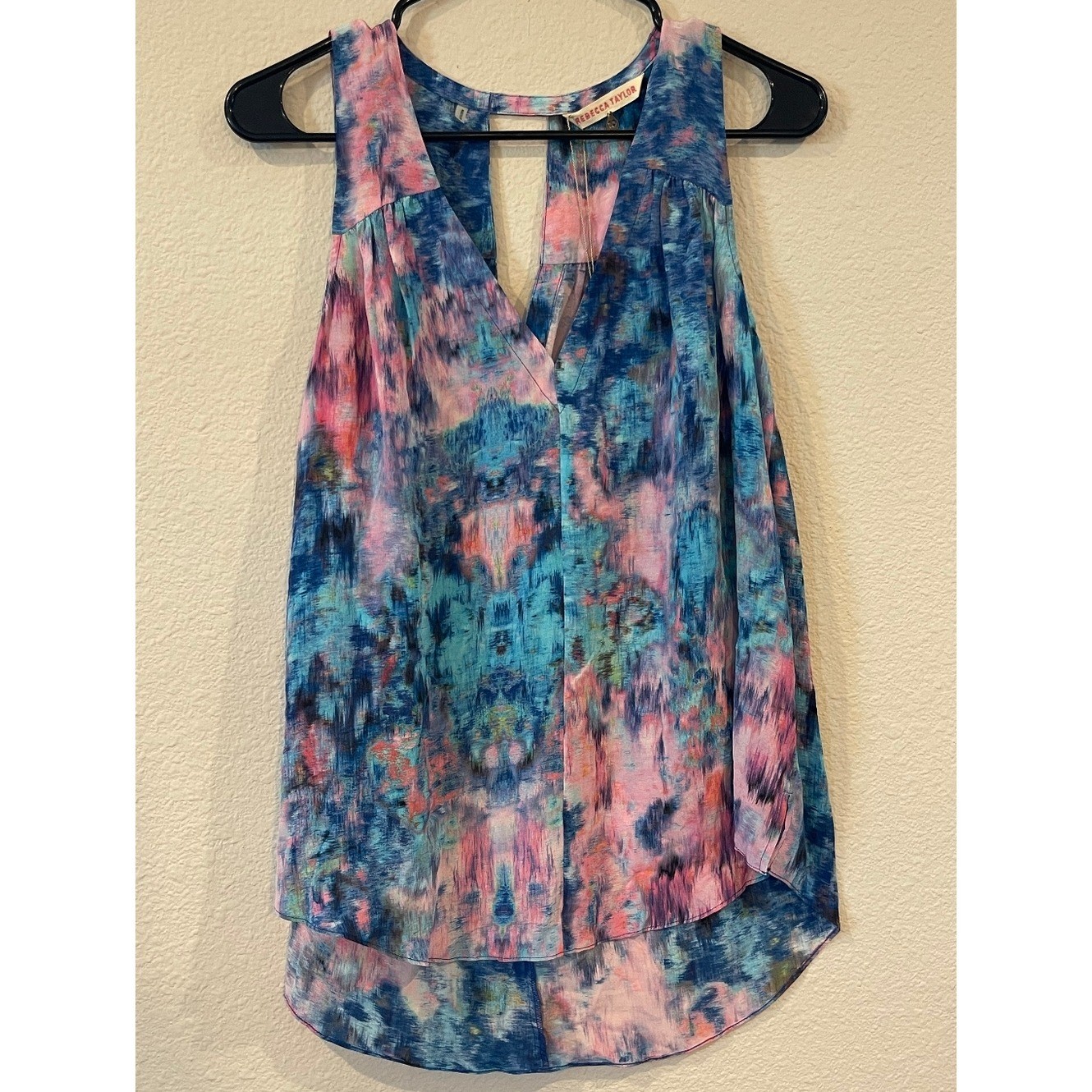 NWT REBECCA TAYLOR Vintage Y2K Pink Blue Watercolor Silk Sleeveless V Neck Top