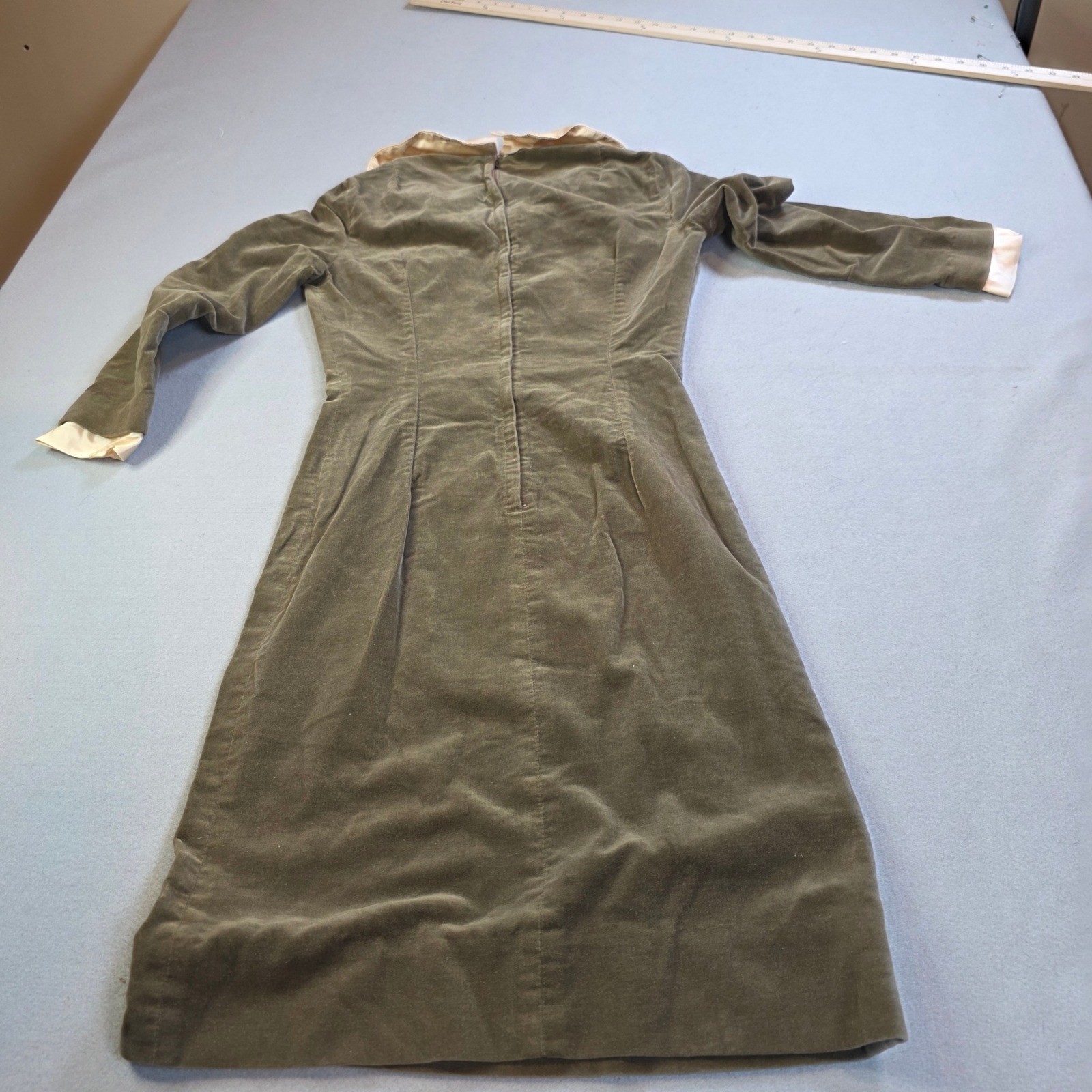 Maggi Stover Vintage Olive Green Velvet Dress Peter Pan Collar Distressed