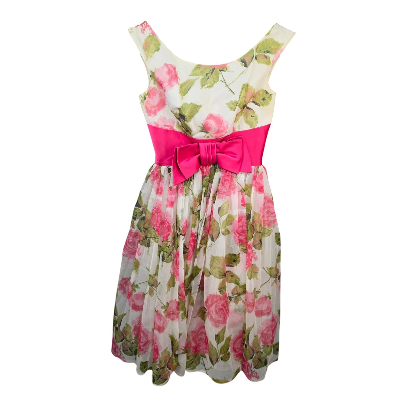 Vtg 1950-60s Floral Cocktail Party Dress Pink Bow Fit Flare Womens Small Costume