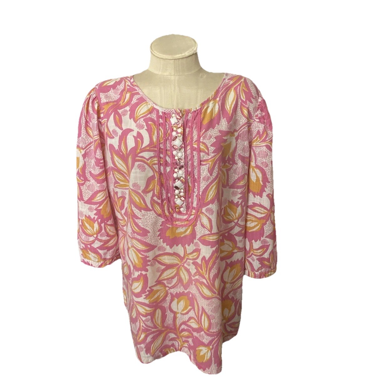 Pappagallo Dora VTG 80s Large BejewelVented Tunic Top/Beach/Resort Wear (Read)