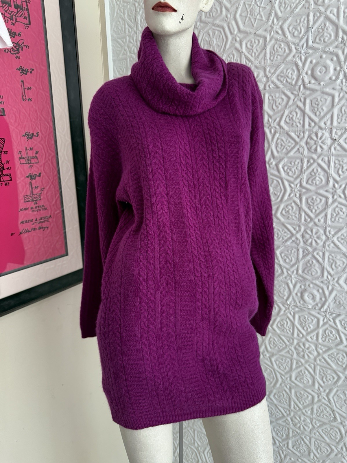 vintage sweater 1980s lambswool angora cable knit turtleneck pink M oversized