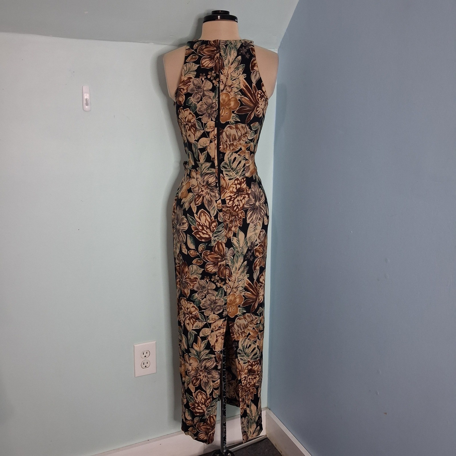 All That Jazz VTG 90s Floral Maxi Dress Halter Neck Tie Waist Brown Black 5/6