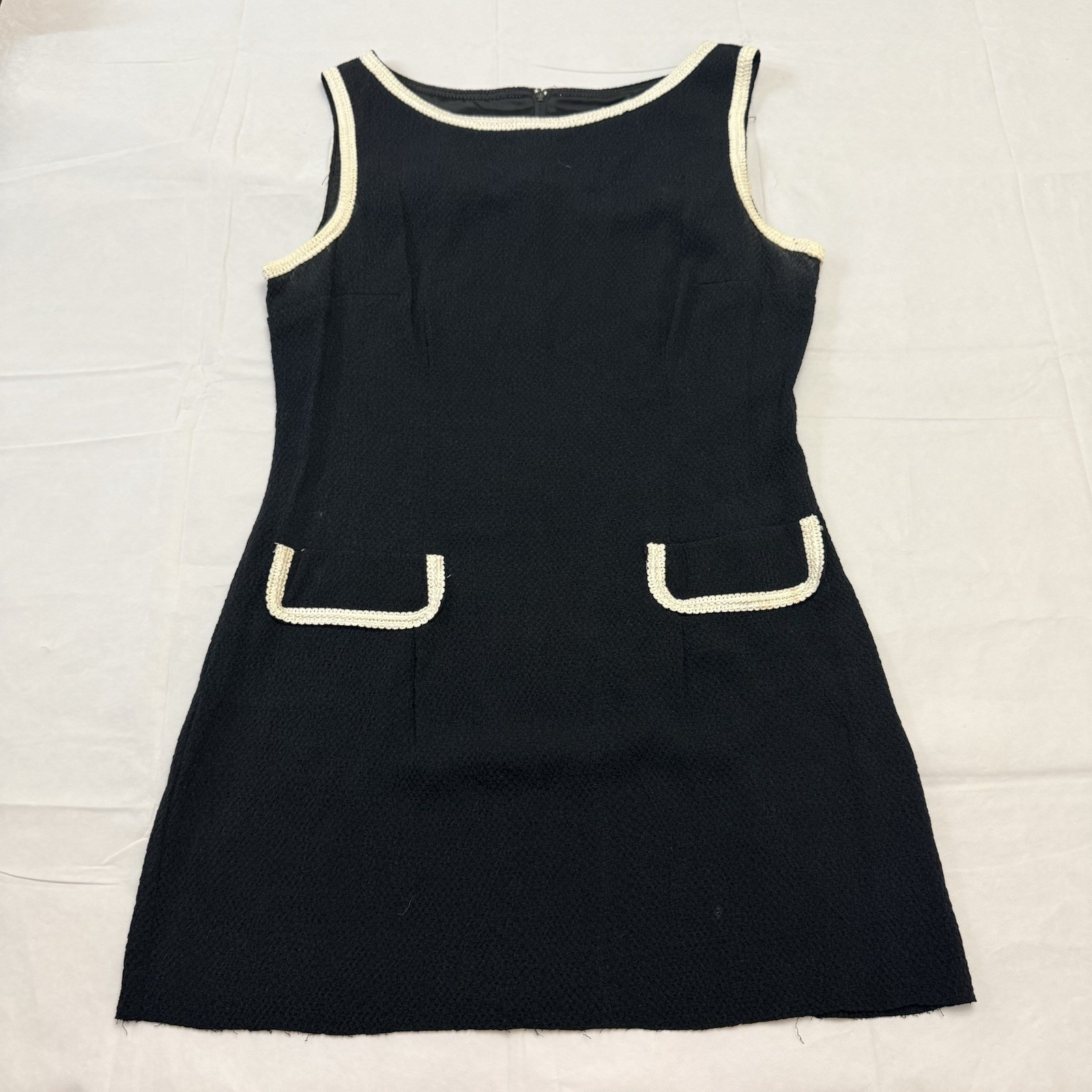 Vintage Dawn Joy Fashions Womens 9/0 Black Mod Sheath Dress White Trim Raw Hem
