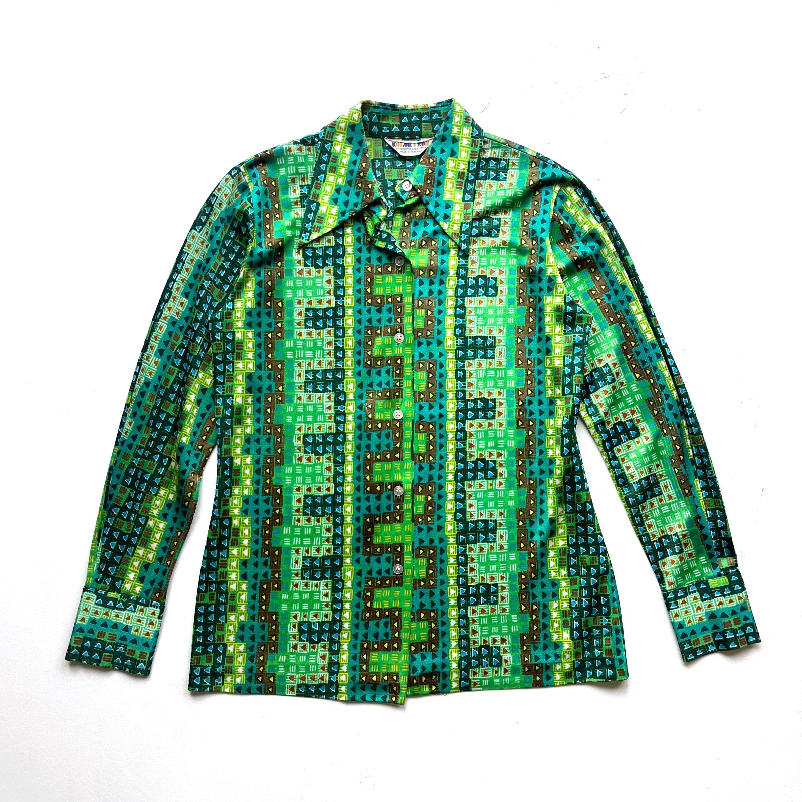 Vintage 60s Women’s Koret Kolortron Green Geometric Dagger Collar Shirt Blouse