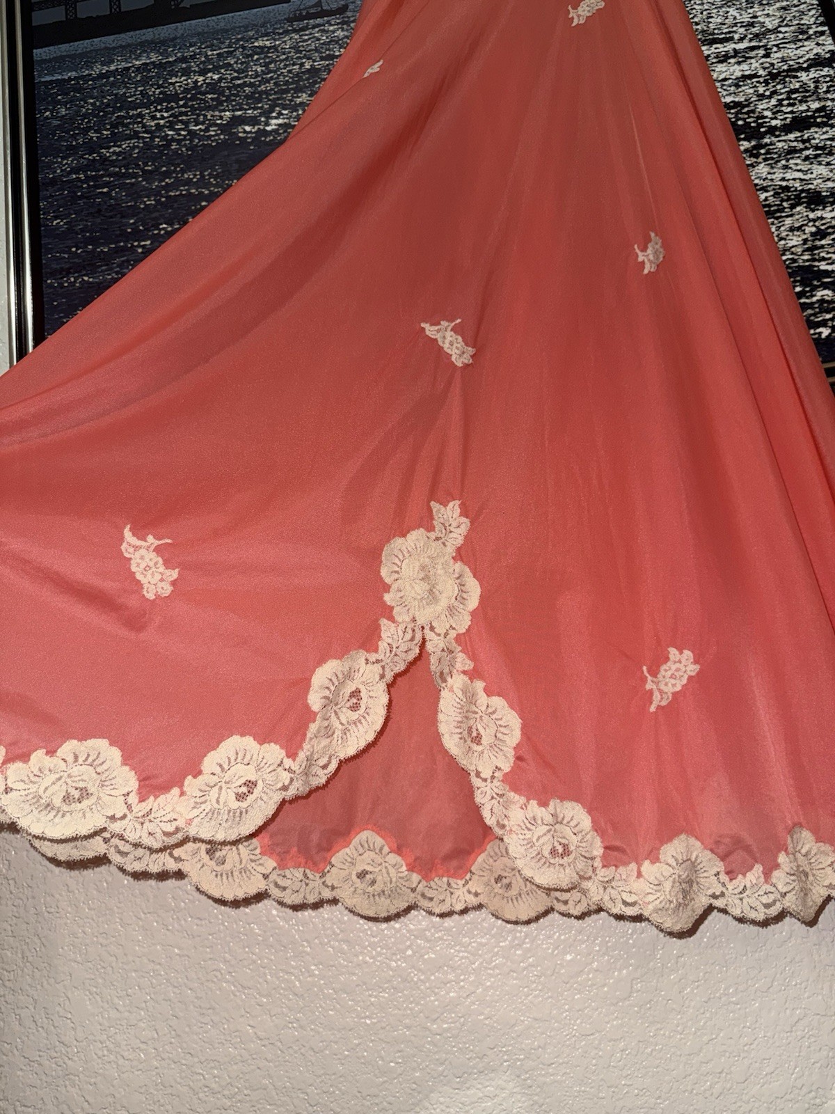 Vintage 1960s 1970s Maxi Floral Lace Duster Slip Dress, Full Sweep Vanity Fair
