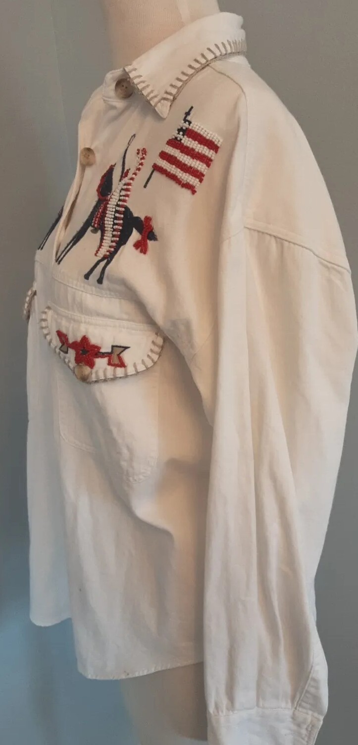 VTG/RARE•BEADED WESTERN SHACKET•INDIAN CHIEFS•HORSES•FLAGS•SZ S-M•CAMBRIDGE CO.
