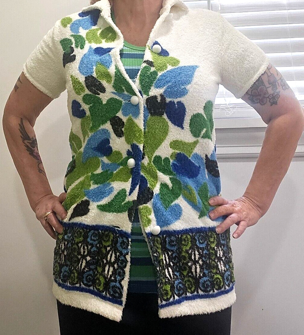Vintage 60s Terrycloth Beach Coverup Bright Blue Green Unique Design S/M
