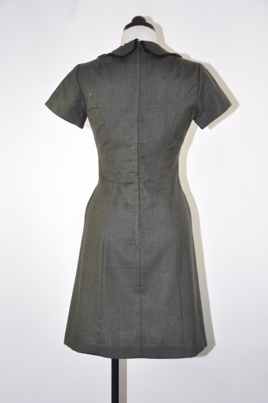60s Vintage Dark Green Cotton Canvas Scallop Peter Pan Collar Mod Dress Women S