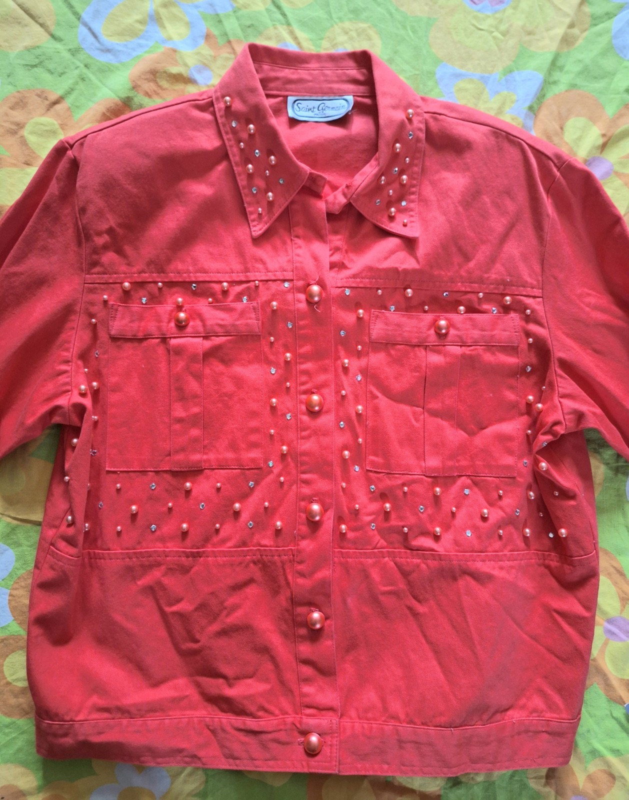 90s Vintage Bedazzled Coral Orange Pink NWT Deadstock Size L Denim Bomber Jacket