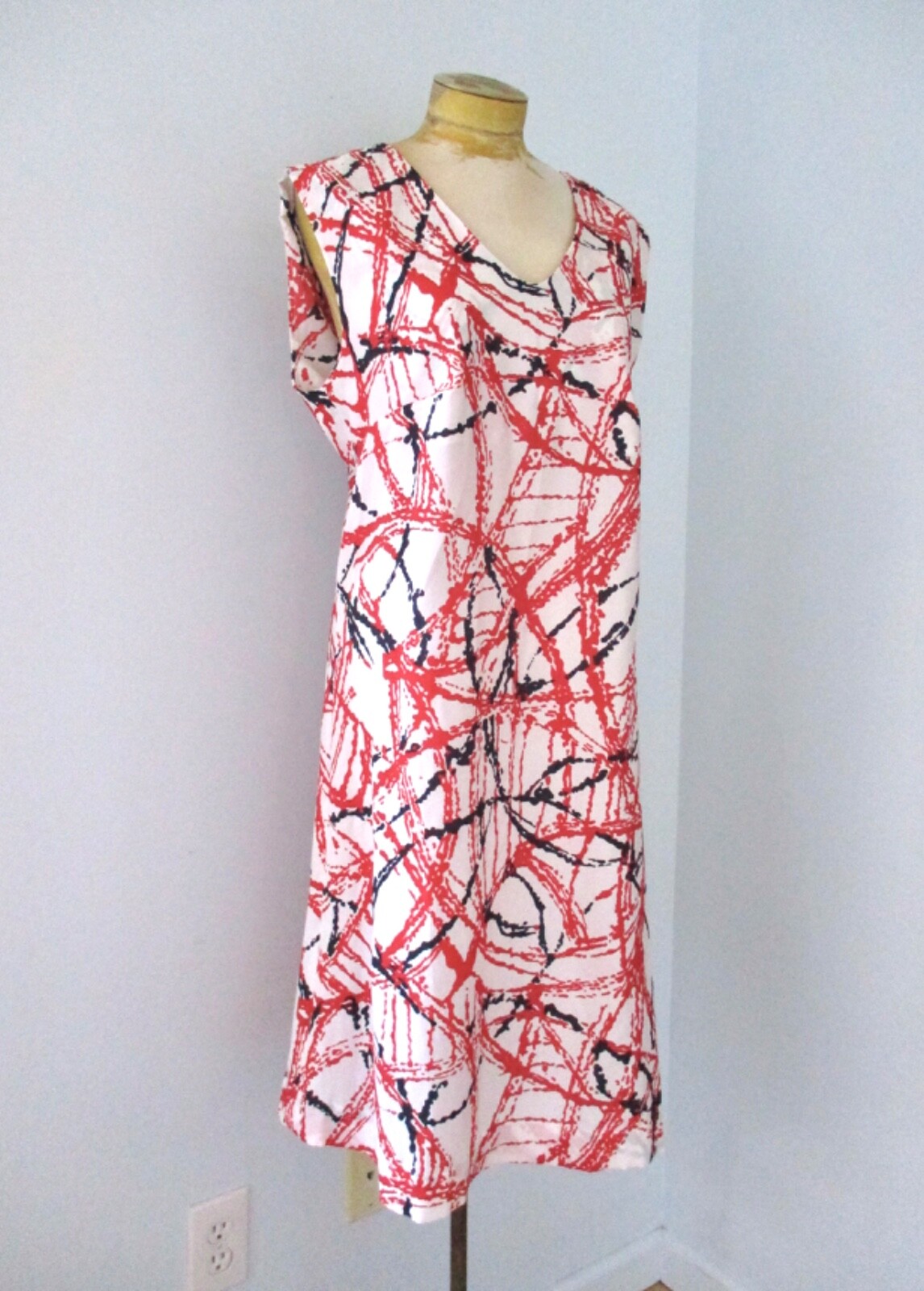 Vtg 60s Mod Red Black Abstract Paint Splatter Sleeveless Sheath Day Dress XL