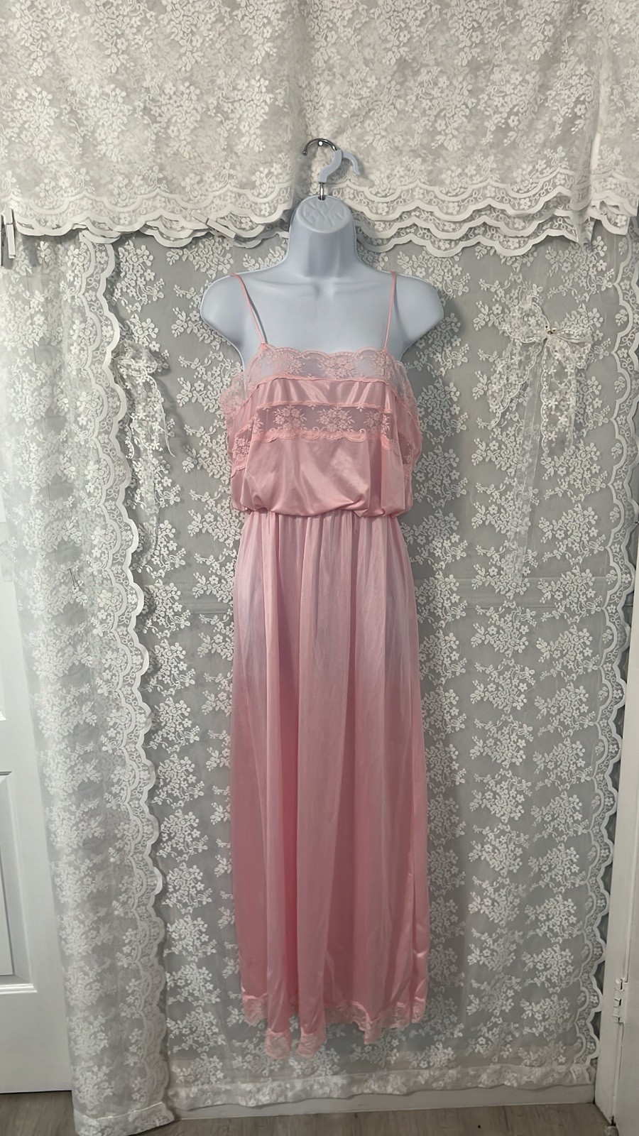Vtg Pink FLAIR LINGERIE By Dianne Keesee NYLON LACE Satin NIGHTGOWN/Sz m