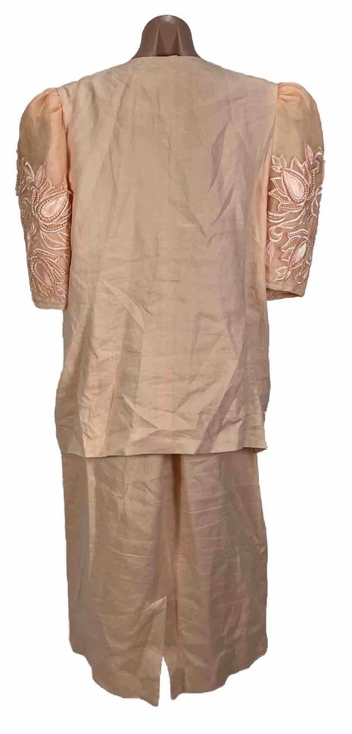 Vintage 80s DAVINCi Pink Suit Puffy Sleeve Suit Jacket Skirt 16X Beaded Linen
