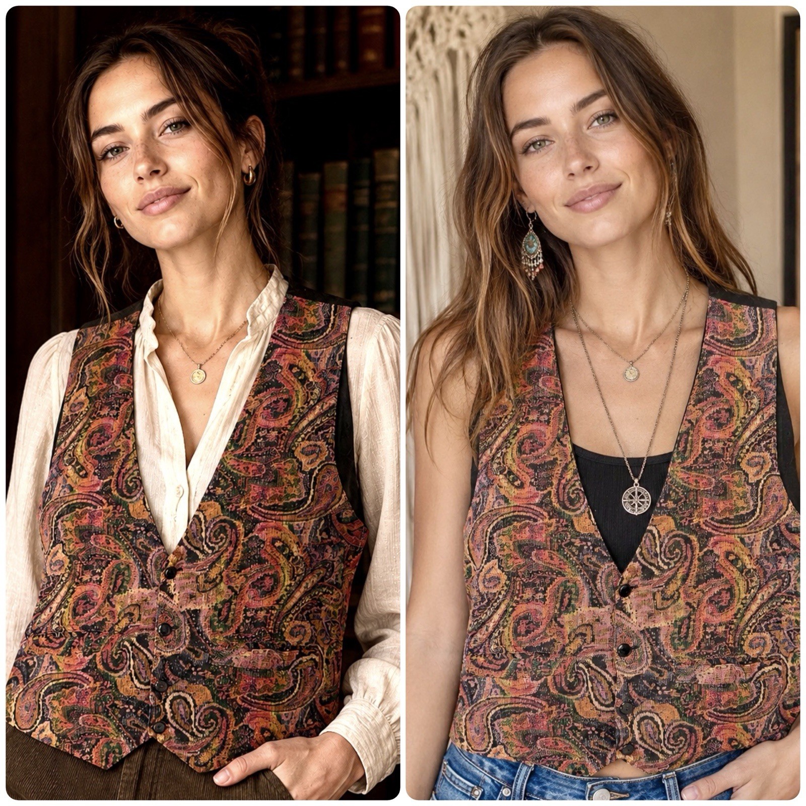 Vtg 70s Binny Paisley AOP Tapestry Vest Womens M L Boho Hippie Festival Alladin