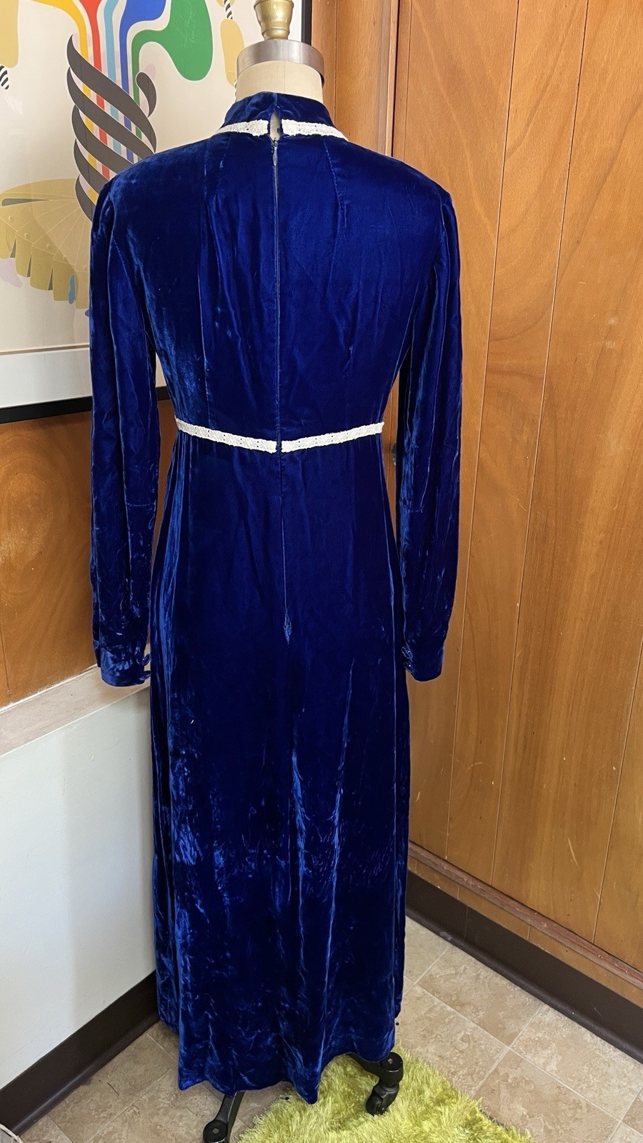 VTG Blue Velvet Dress Sz XS white crochet detail midi maxi sapphire