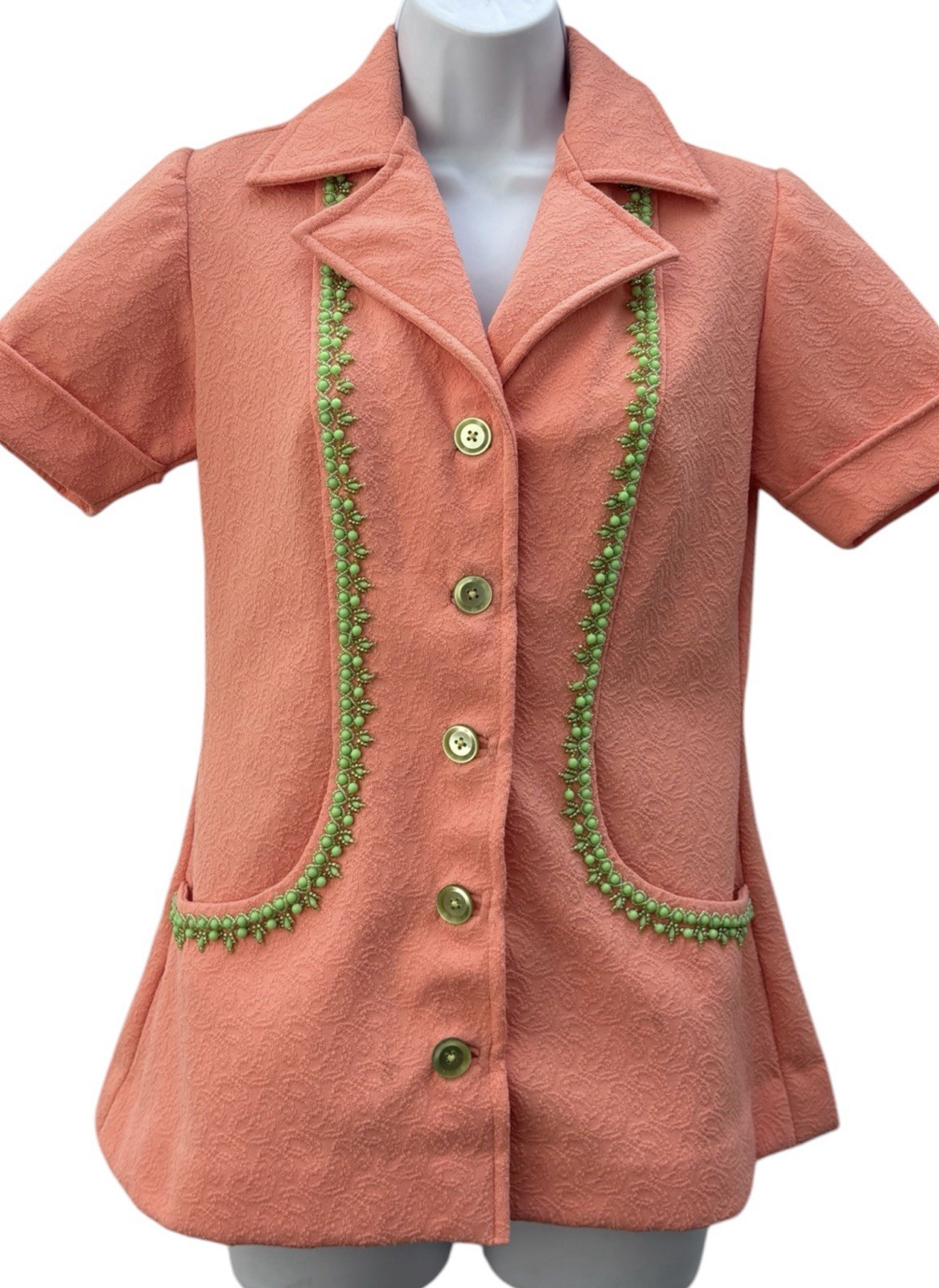Vintage 70s Coral Beaded Jacket, Mrs Roper Style Polyester Knit Top S/M