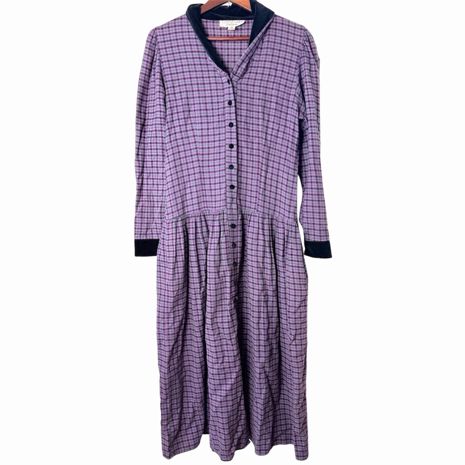 Vintage Cambridge Dry Goods Purple Plaid Flannel Prairie Dress Velvet