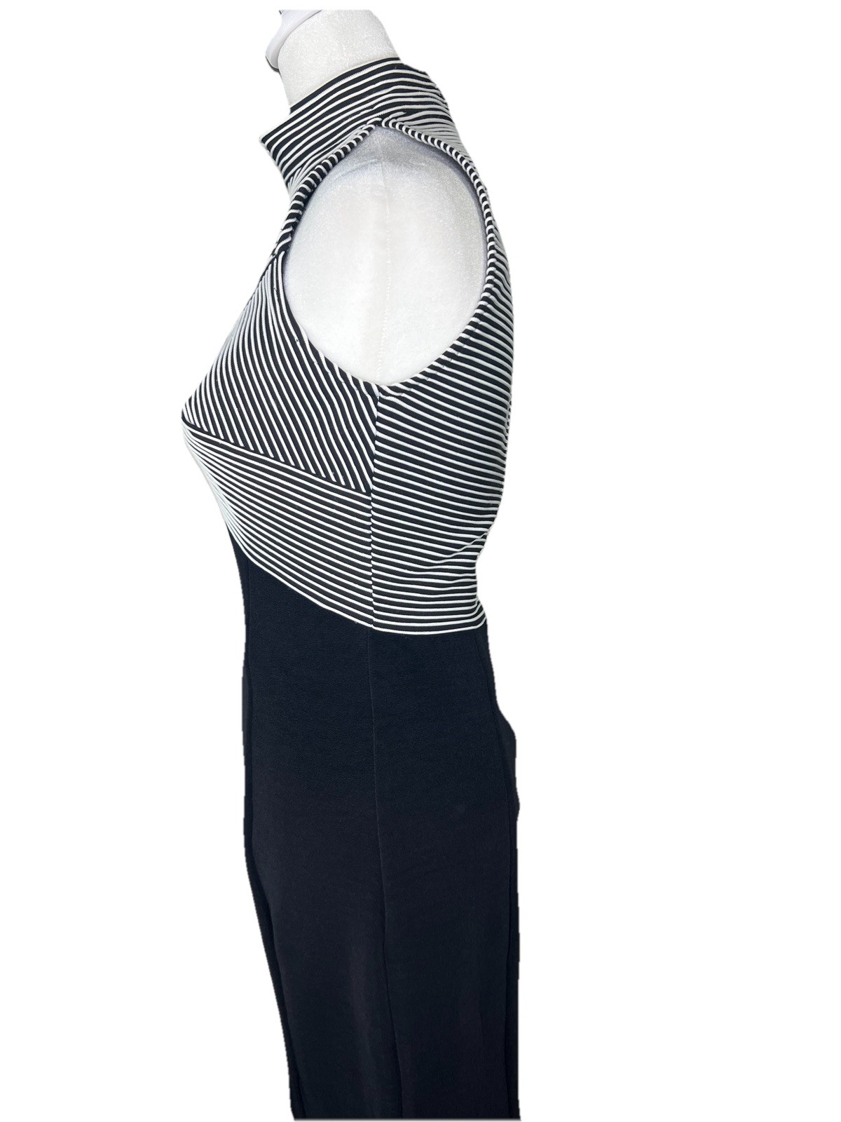 Vintage Y2K Retro TADASHI Black Striped Halter Top Bandage Fitted Dress MEDIUM