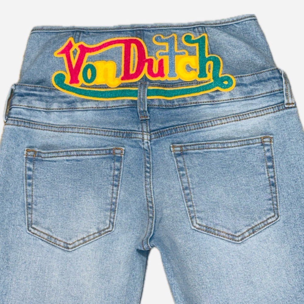 👖🛹 VON DUTCH Originals Flare Jeans Light Wash Logo Leg Y2K Sz 5/