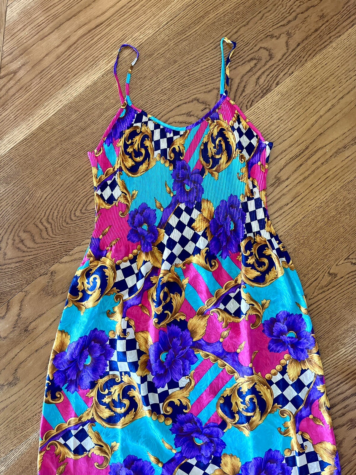 Vintage Georgette Trabolsi Colorful Artsy Print Lingerie Night Gown Slip Dress M
