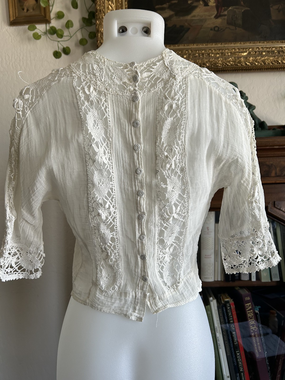 Antique Victorian Edwardian White Lace Gauze Blouse Crochet Insert Cottagecore S