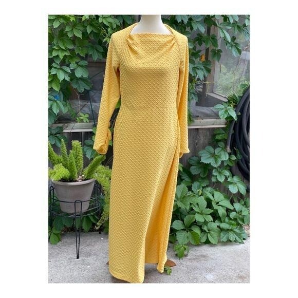 Vintage | 60s Maxi Dress Leg O Mutton Sleeve Quilted Waffle Knit Sz M